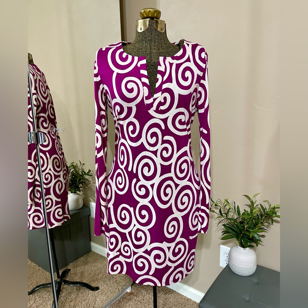 Diane von Furstenberg Reina Silk Jersey Dress Shift Purple Long Sleeve Sz 8 EUC - Picture 1 of 11